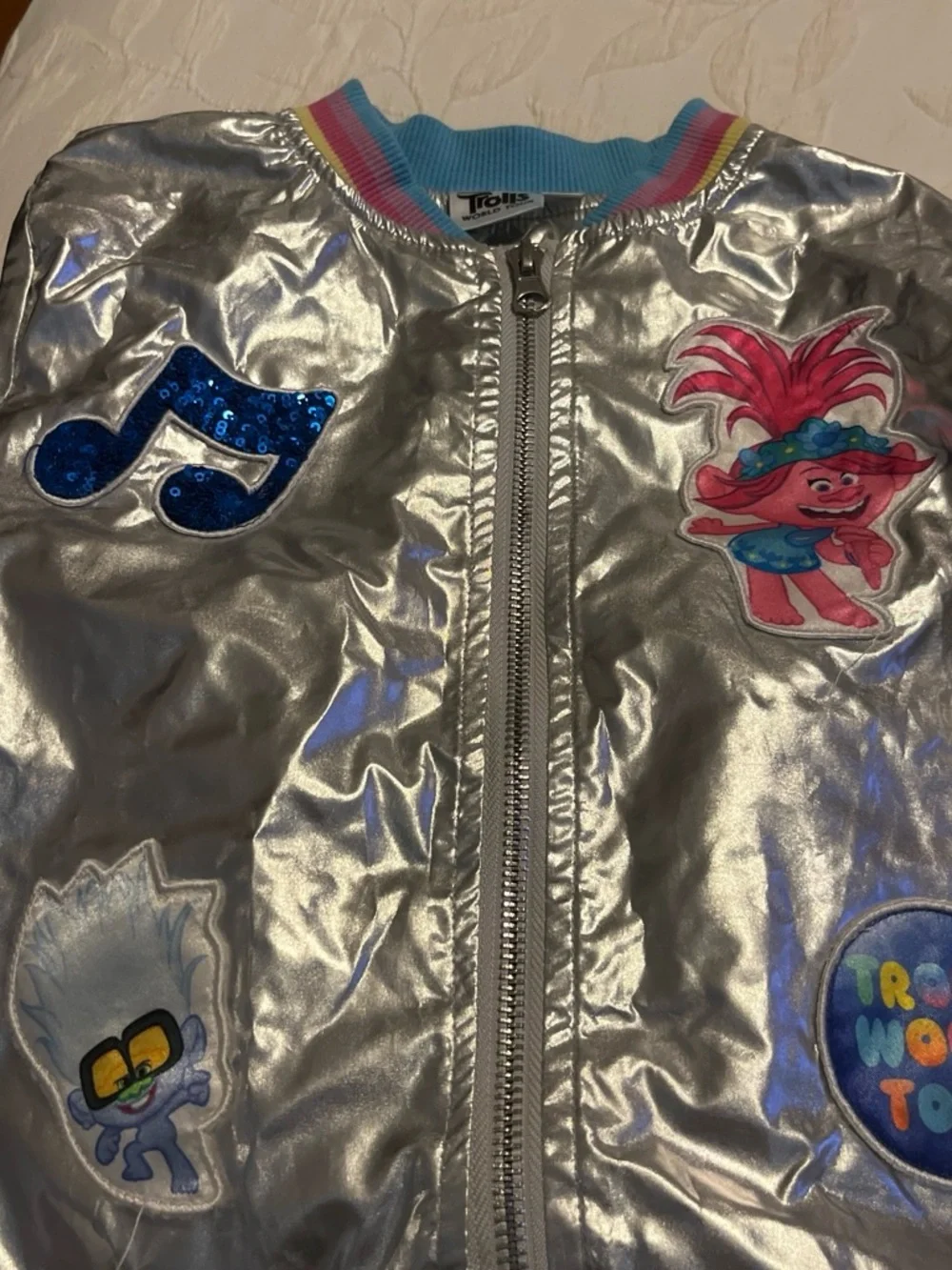 Silver Metallic Bomber Jacket with Rainbow Trim Trolls